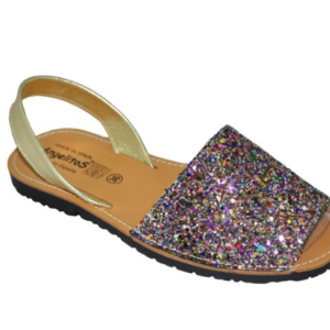Menorquina de mujer con purpurina multicolor y tira dorada estilo sandalia.